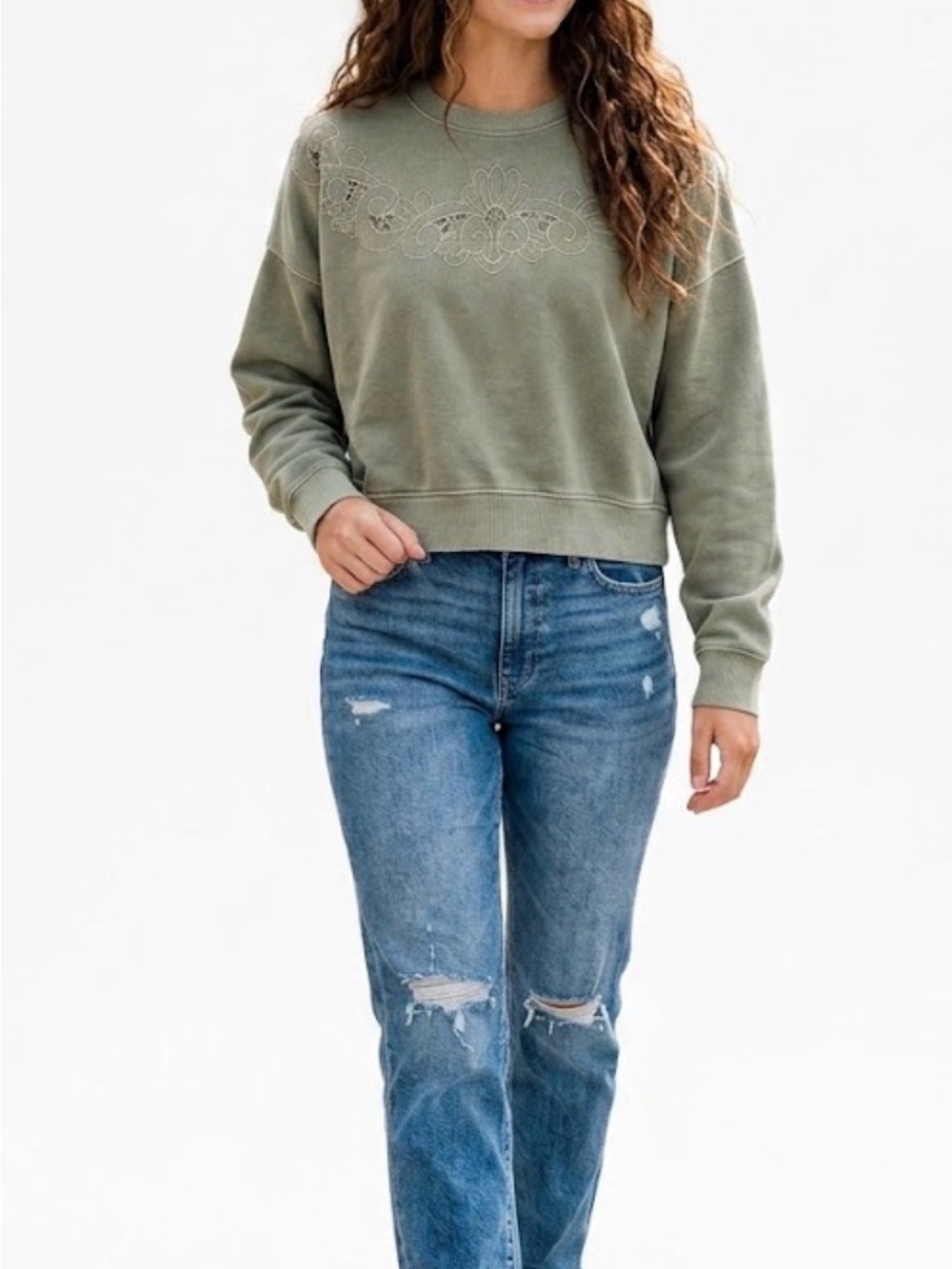 American Eagle AE Embroidered & Cutout Lace Yoke Cropped Crewneck Sweatshirt